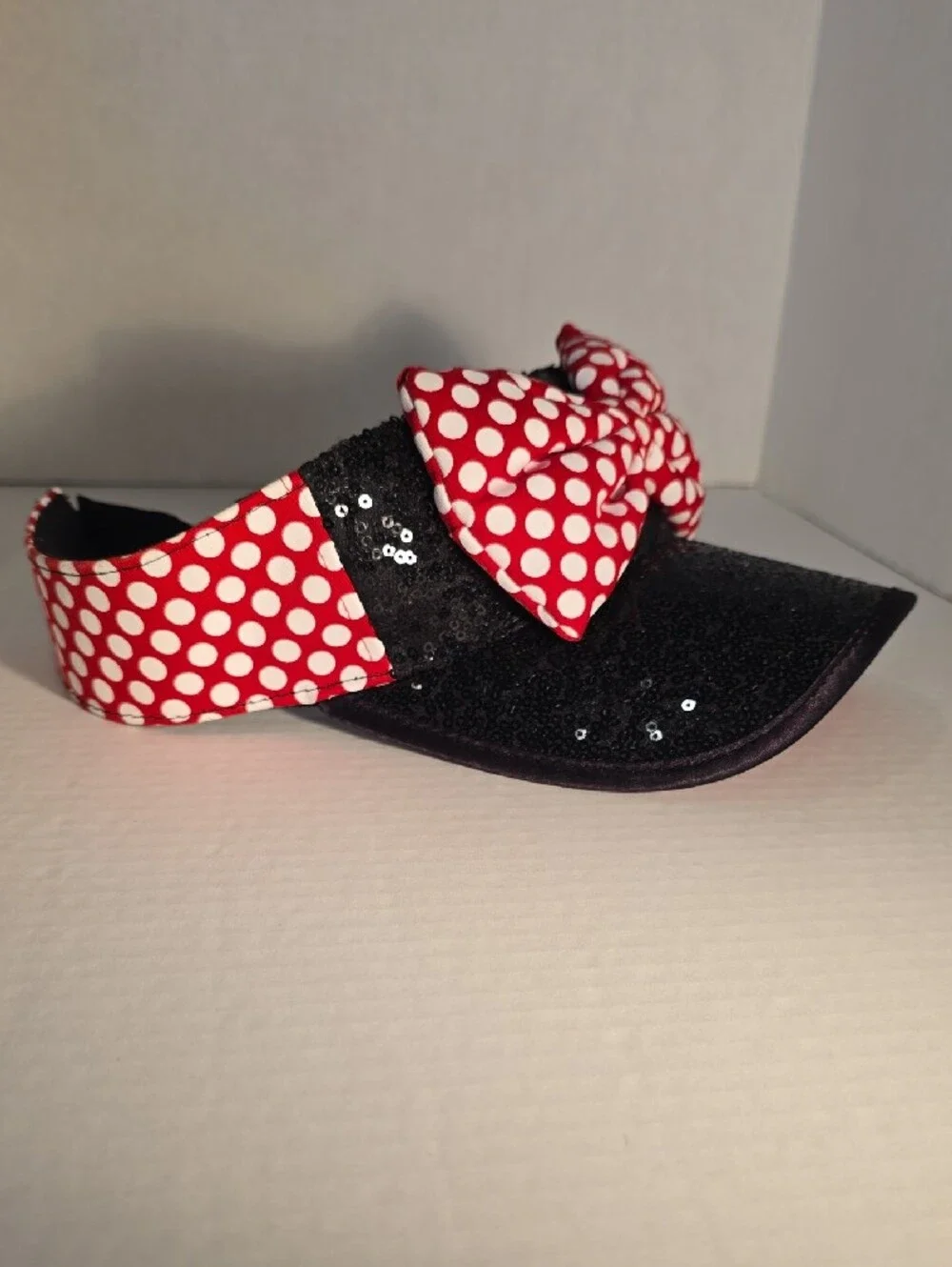 Disney Black Visor Cap with Red White Polka Dot Bow. FABOWLOUS.